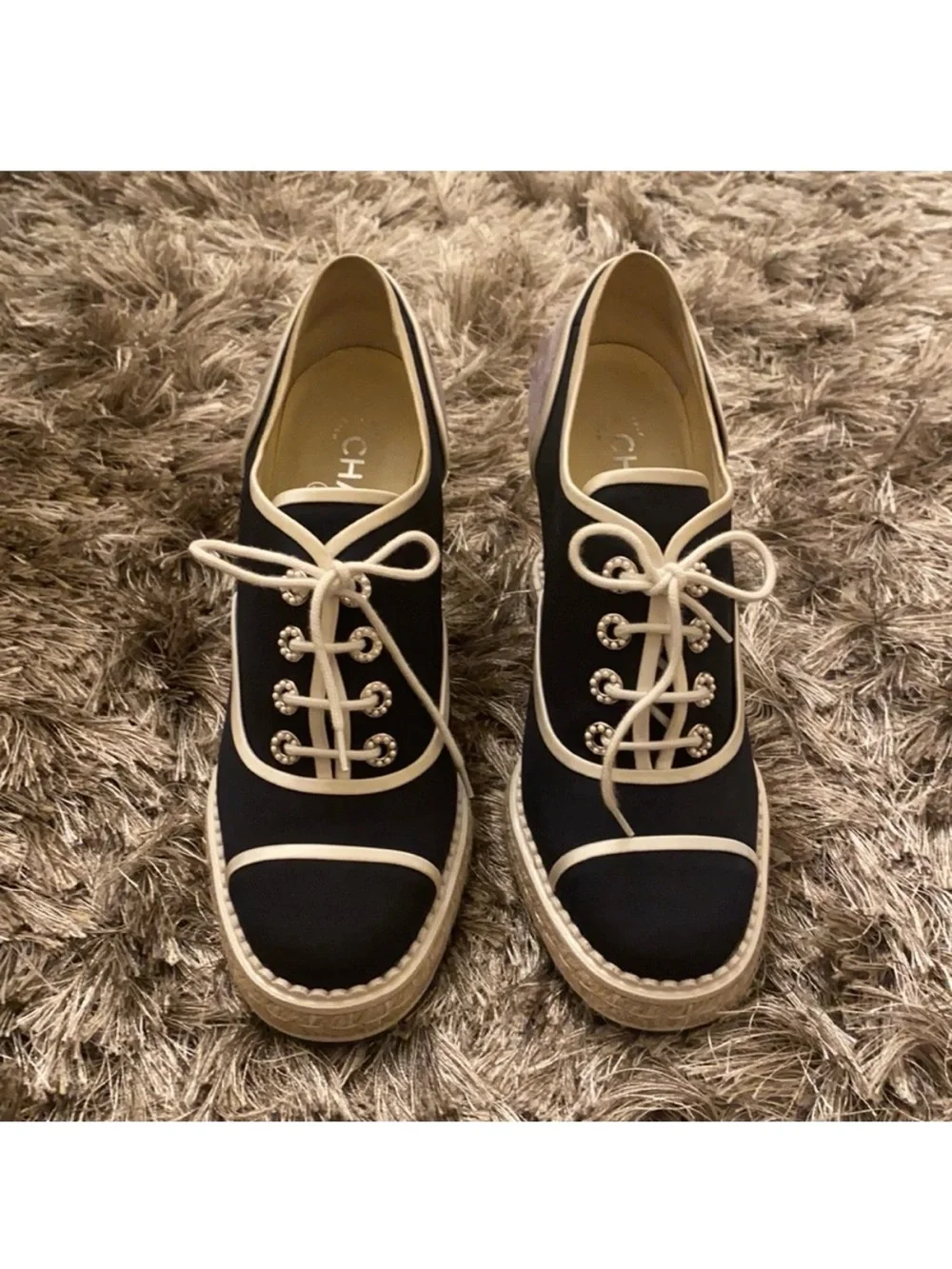CHANEL Navy Blue Lace-Up Espadrille Wedge Sneakers with White Trim and Pearls